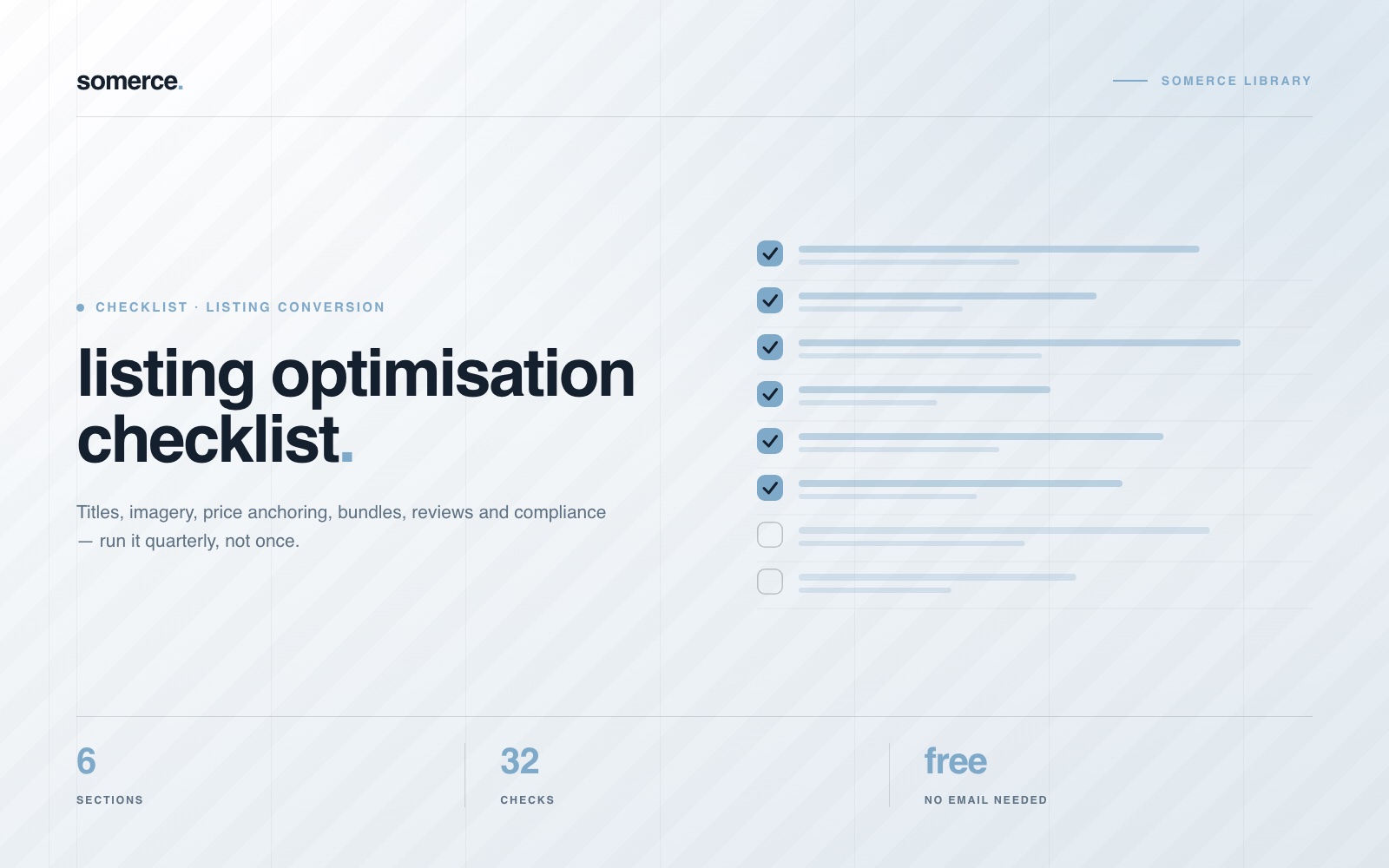Cover of the somerce listing optimisation checklist: the title beside a column of eight tick boxes, six ticked and two still empty, tagged 6 sections, 32 checks, free
