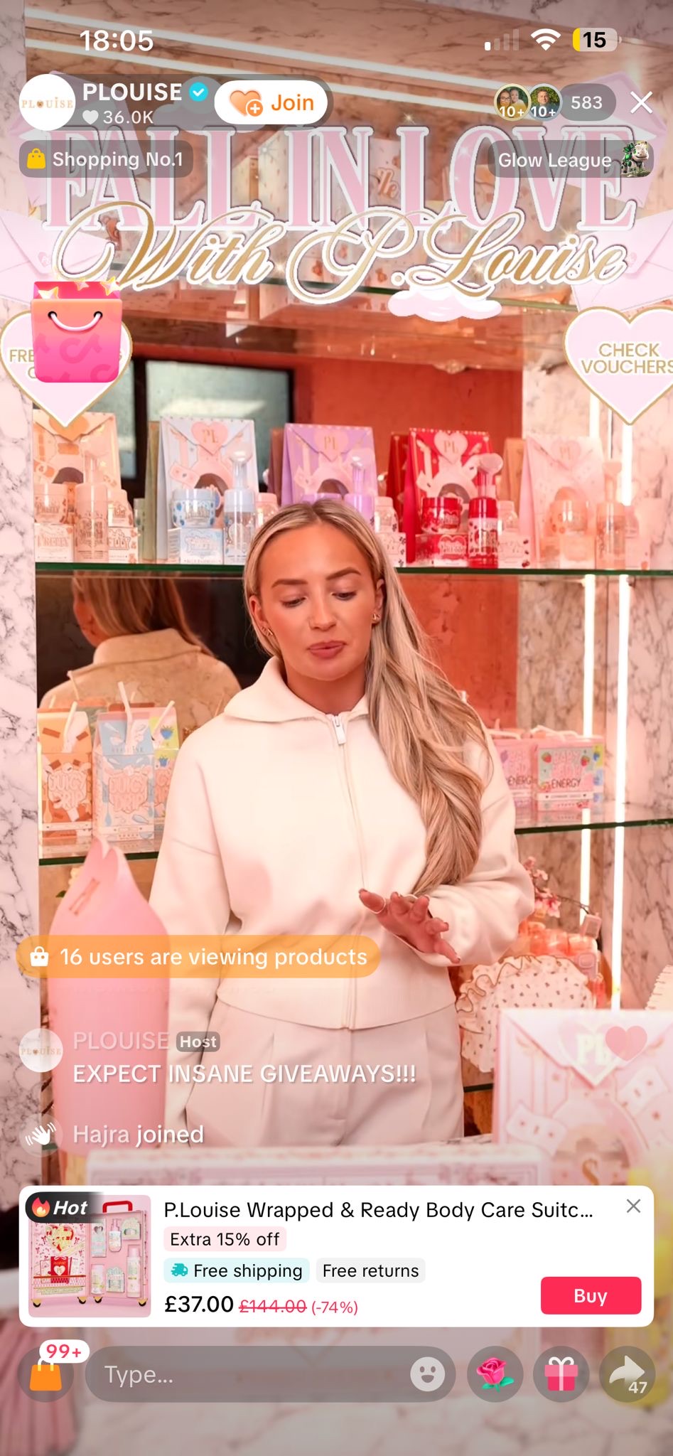 Screenshot of a P.Louise TikTok LIVE broadcast mid-sale
