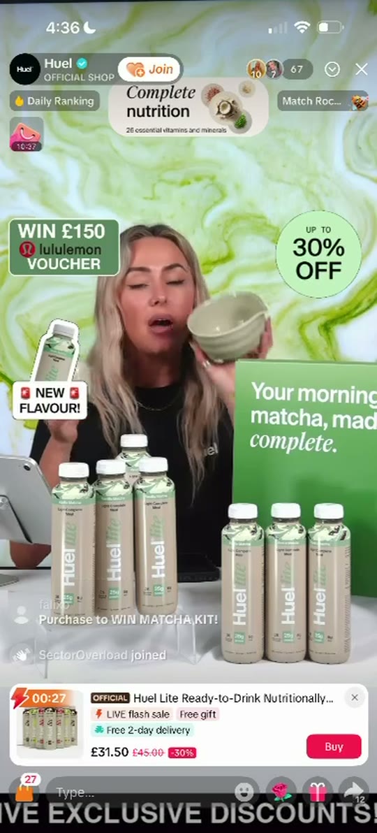 Host presenting Huel Lite ready-to-drink bottles on a daily TikTok Shop LIVE
