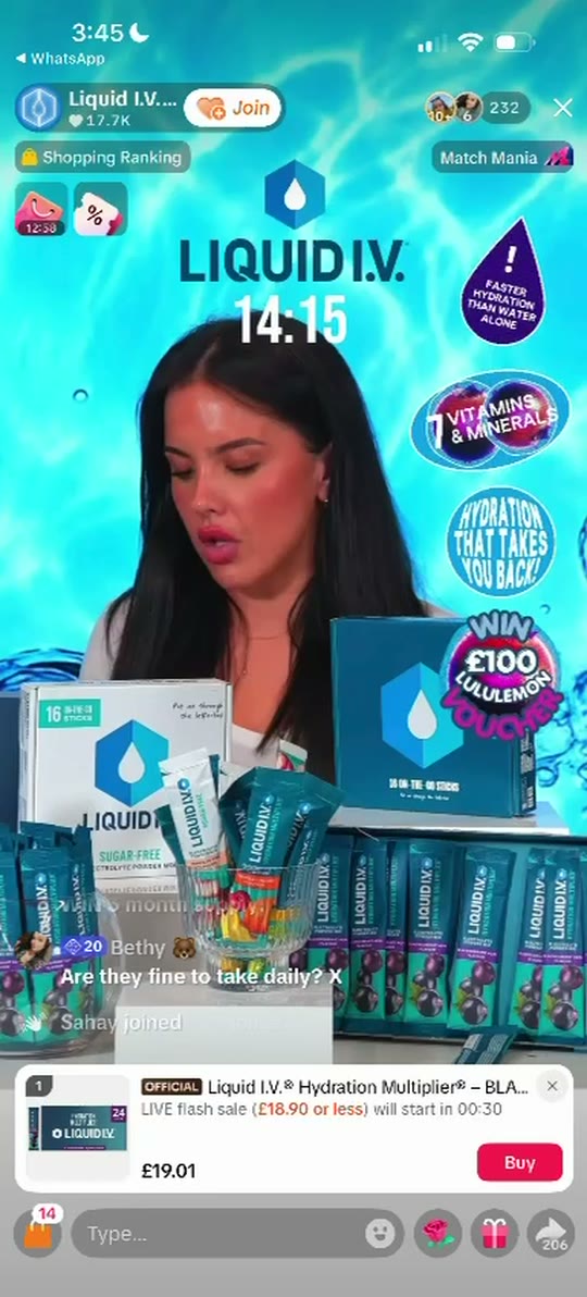 Host demonstrating Liquid I.V. hydration sticks on a TikTok Shop LIVE