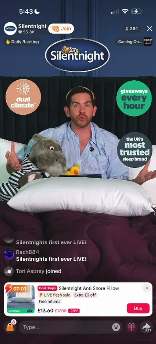 Host presenting a Silentnight pillow on a daily TikTok Shop LIVE