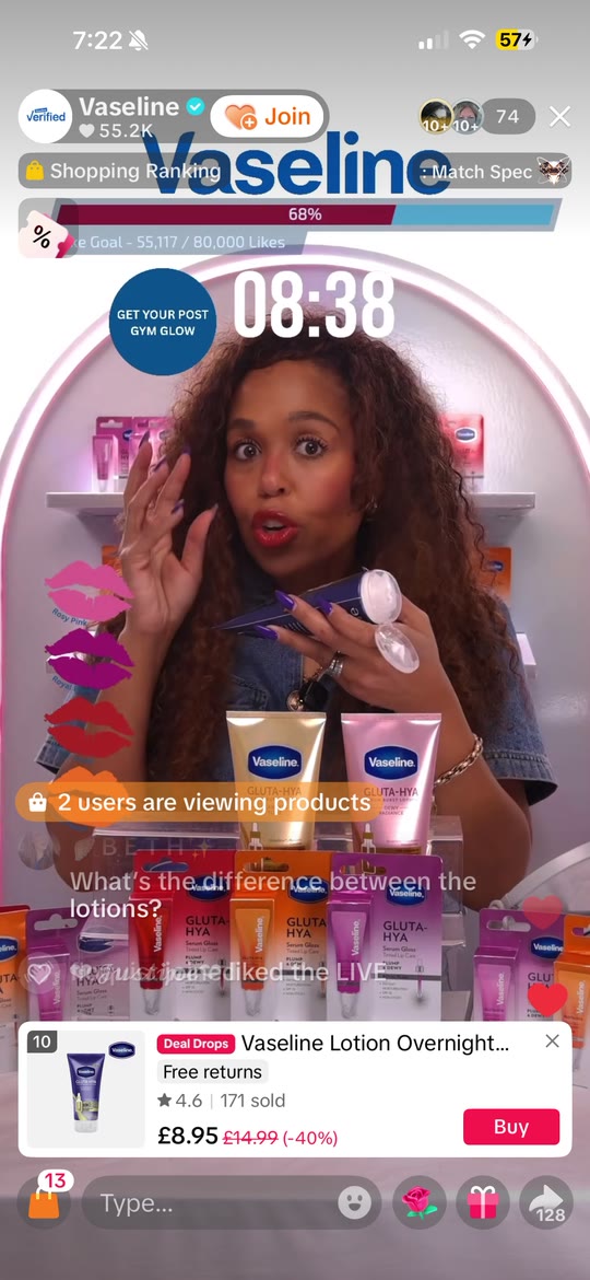 Frame from a Vaseline TikTok LIVE broadcast produced by Somerce
