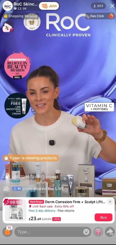 RoC TikTok LIVE: a host holding a serum against a purple RoC backdrop, with Derm Correxion pinned below at £23.69