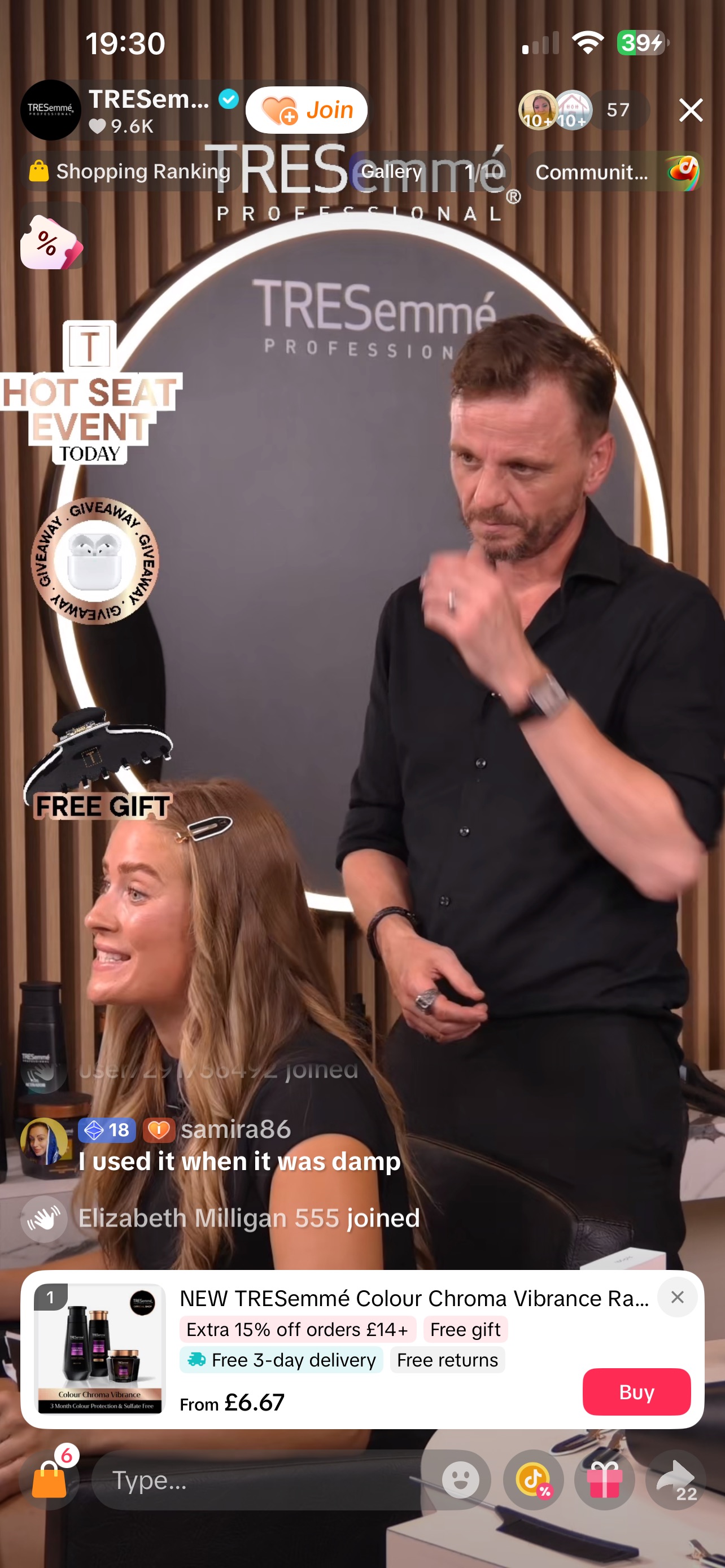 TikTok LIVE stream statistics on screen during a TRESemmé broadcast